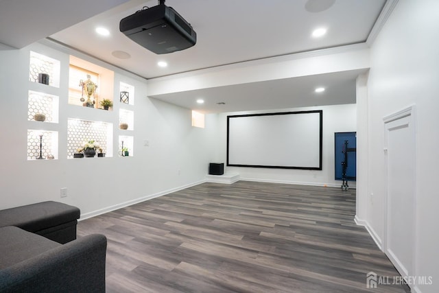 460 Morning Glory Dr, Monroe, NJ 08831 - cinema with dark wood finished floors, ornamental molding, baseboards, and recessed lighting