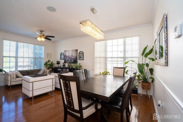 460 Morning Glory Dr, Monroe, NJ 08831 - dining space with crown molding, healthy amount of natural light, dark wood-style floors, a ceiling fan, and a chandelier