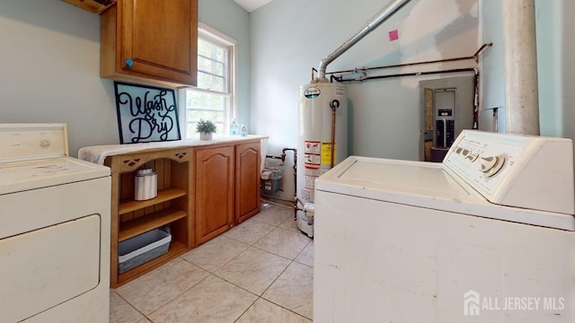496 Calvert Rd, North Brunswick, NJ 08902 - laundry room with washer and clothes dryer, gas water heater, cabinet space, light tile patterned floors, and electric panel
