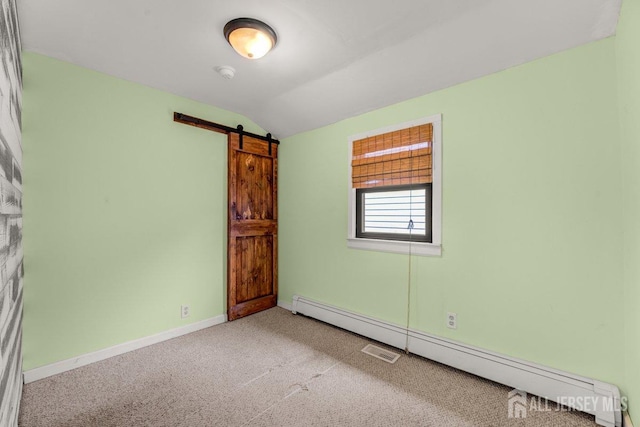 117 Burlington Ave, Leonardo, NJ 07737 - carpeted spare room featuring a baseboard heating unit, vaulted ceiling, a barn door, baseboards, and a smoke detector