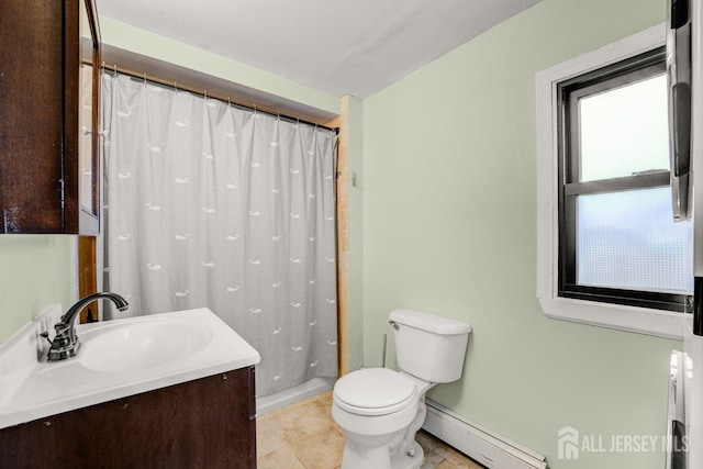 117 Burlington Ave, Leonardo, NJ 07737 - full bathroom with a baseboard heating unit, toilet, vanity, tile patterned floors, and a shower with curtain