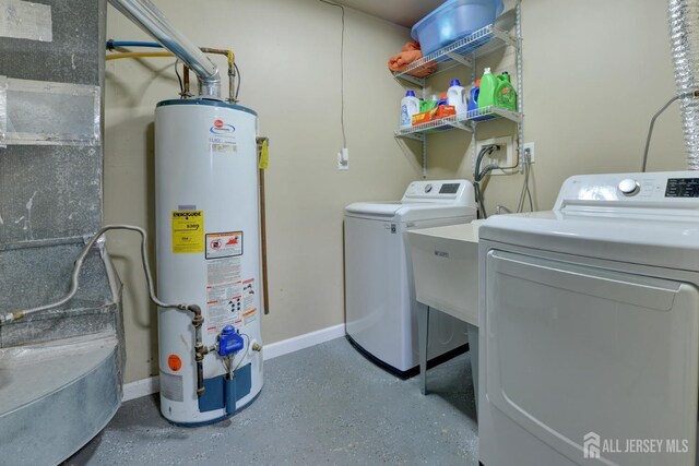 117 Whitman St, Carteret, NJ 07008 - clothes washing area featuring water heater, washer and dryer, laundry area, and baseboards