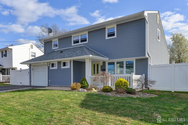 117 Whitman St, Carteret, NJ 07008 - traditional-style home with driveway, fence, a porch, a front lawn, and a garage