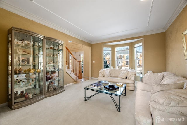 carpeted living room featuring crown molding