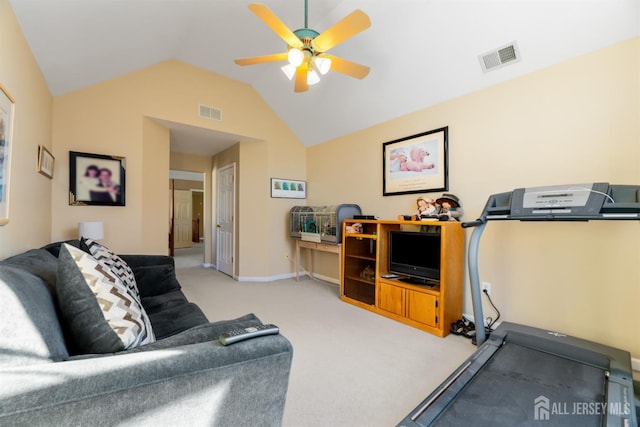 workout area with vaulted ceiling, ceiling fan, and carpet