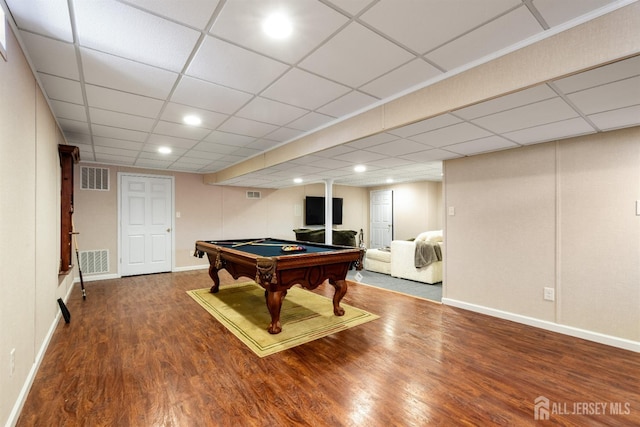 game room featuring hardwood / wood-style floors, a paneled ceiling, and billiards