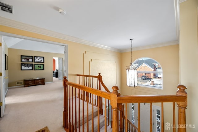 corridor with ornamental molding and carpet flooring