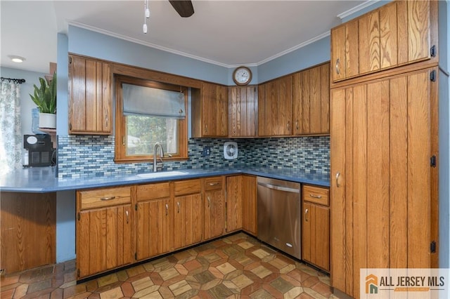 120 Alfred St, Edison, NJ 08820 - kitchen featuring dishwasher, brown cabinets, decorative backsplash, a ceiling fan, and crown molding