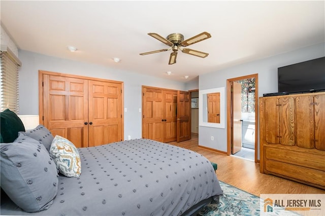 120 Alfred St, Edison, NJ 08820 - bedroom featuring light wood-type flooring, two closets, a ceiling fan, and ensuite bathroom