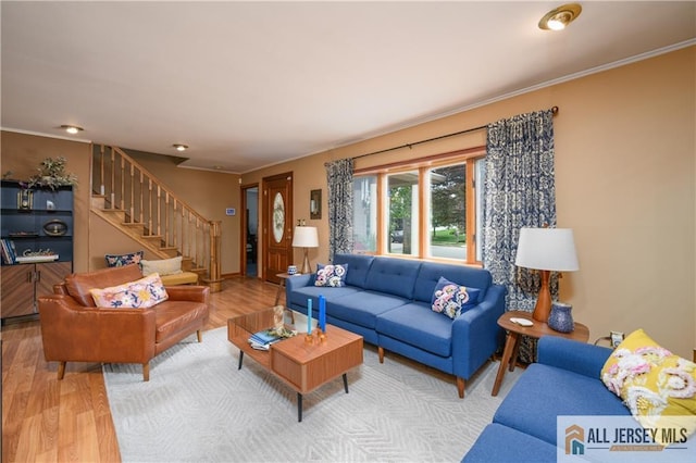 120 Alfred St, Edison, NJ 08820 - living area with stairs, wood finished floors, and crown molding