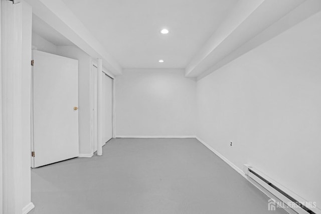 529 Sharon Garden Ct, Woodbridge Proper, NJ 07095 - below grade area featuring a baseboard radiator, recessed lighting, and carpet floors