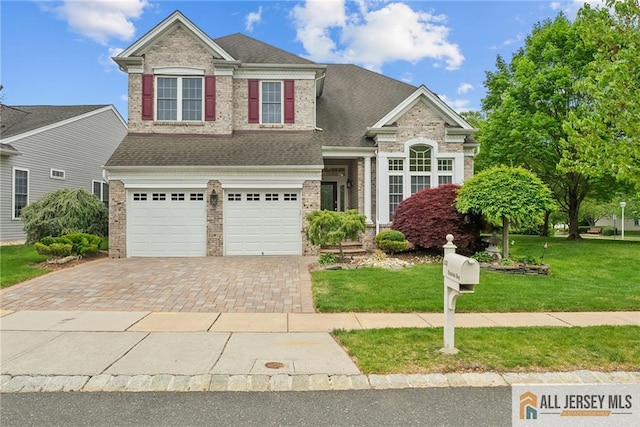 view of front facade with brick siding, decorative driveway, a front yard, an attached garage, and roof with shingles