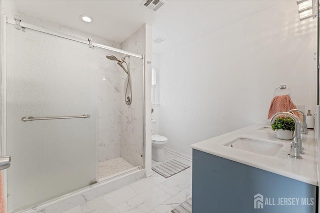 full bath featuring visible vents, marble finish floor, toilet, a sink, and a marble finish shower