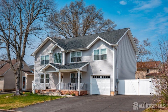 craftsman house with fence, a garage, a gate, covered porch, and driveway