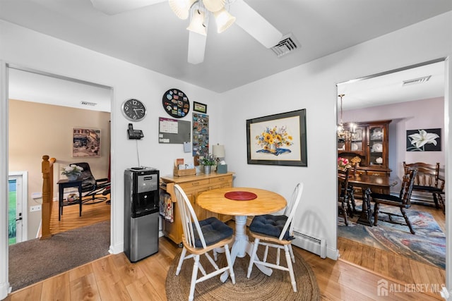 41 1st St, Franklin Twsp, NJ 08873 - dining area featuring light wood finished floors, a ceiling fan, and a baseboard heating unit