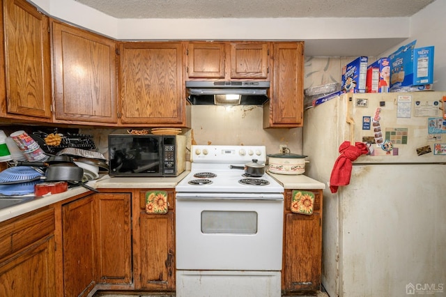 kitchen featuring under cabinet range hood, brown cabinets, white appliances, and light countertops