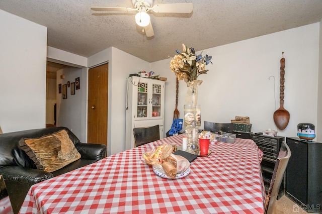 dining space featuring a textured ceiling and a ceiling fan