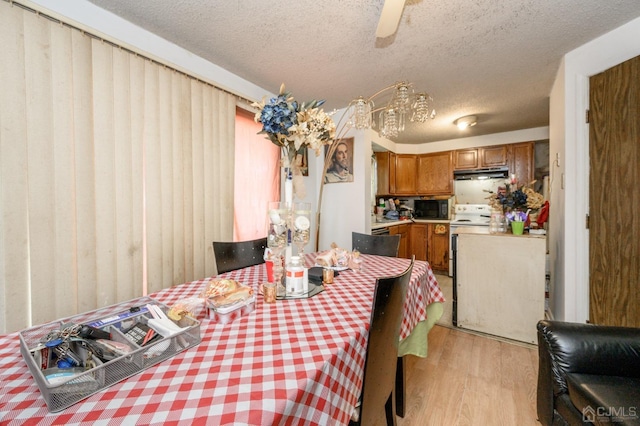 dining area with ceiling fan, light wood-type flooring, and a textured ceiling