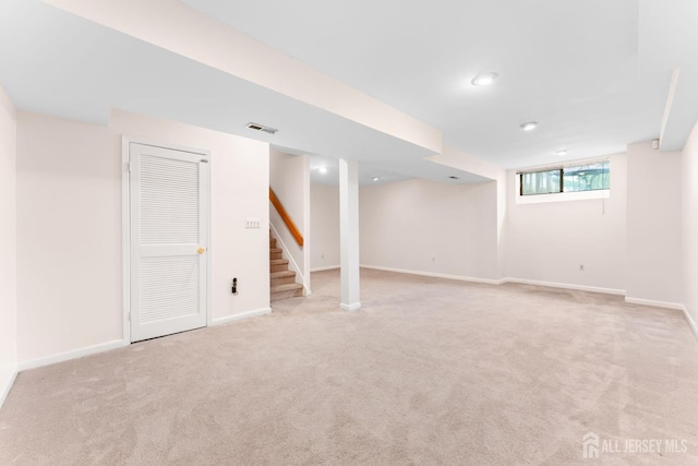 26 Allison Ct, South Brunswick, NJ 08852 - basement featuring carpet flooring, stairs, baseboards, and recessed lighting