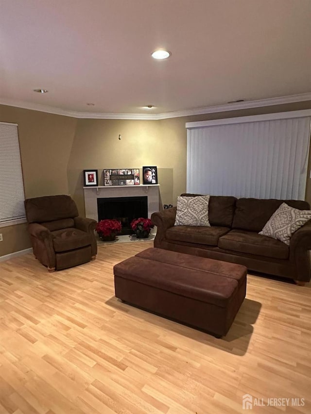 living area with wood finished floors, ornamental molding, baseboards, recessed lighting, and a fireplace