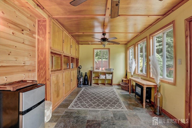 12 Euclid Rd, South Amboy, NJ 08879 - mudroom featuring ceiling fan, wooden ceiling, and dark stone finish floors