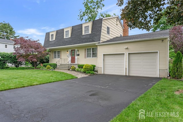 318 Ambrose Ave, Middlesex, NJ 08846 - view of front of property with asphalt driveway, an attached garage, a shingled roof, a front yard, and a chimney