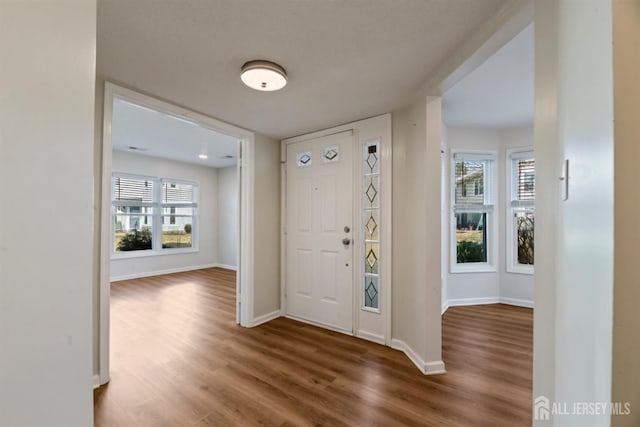 foyer with baseboards and wood finished floors