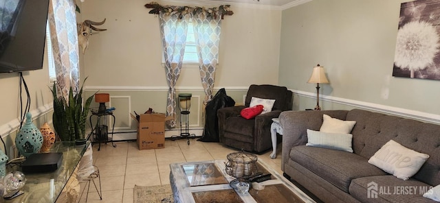 95 Gravel Hill-Spotswood Rd, Monroe, NJ 08831 - tiled living room featuring ornamental molding and a baseboard radiator