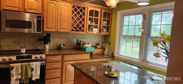 95 Gravel Hill-Spotswood Rd, Monroe, NJ 08831 - kitchen with appliances with stainless steel finishes, dark stone countertops, decorative backsplash, and glass insert cabinets