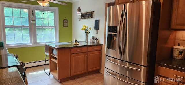 95 Gravel Hill-Spotswood Rd, Monroe, NJ 08831 - kitchen with stainless steel fridge, baseboard heating, open shelves, ceiling fan, and light tile patterned flooring