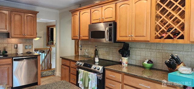 95 Gravel Hill-Spotswood Rd, Monroe, NJ 08831 - kitchen with appliances with stainless steel finishes, backsplash, crown molding, light tile patterned floors, and dark stone countertops