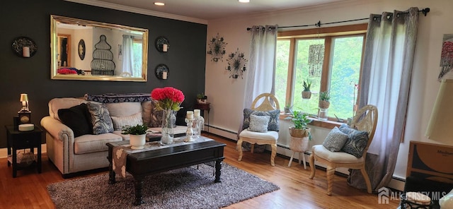 95 Gravel Hill-Spotswood Rd, Monroe, NJ 08831 - living room featuring ornamental molding, wood finished floors, recessed lighting, and a baseboard heating unit