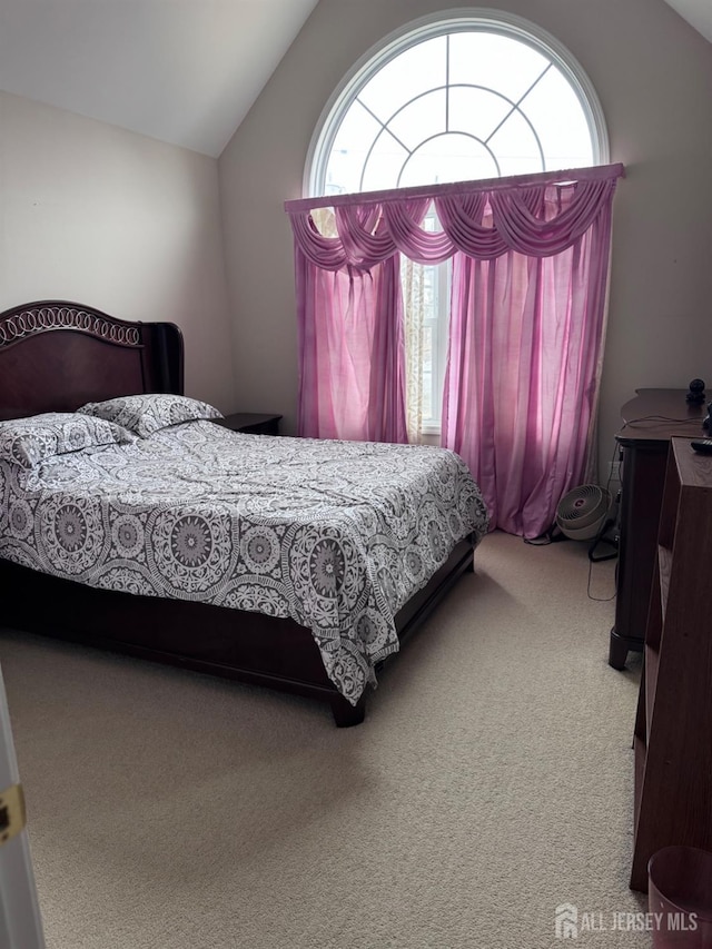 carpeted bedroom featuring lofted ceiling