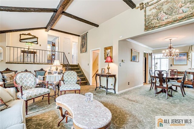 living area featuring carpet flooring, stairway, a chandelier, baseboards, and crown molding