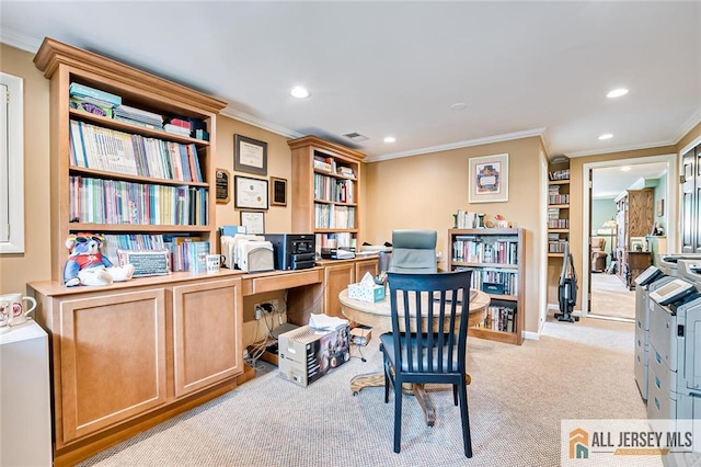 office featuring crown molding, carpet flooring, and recessed lighting