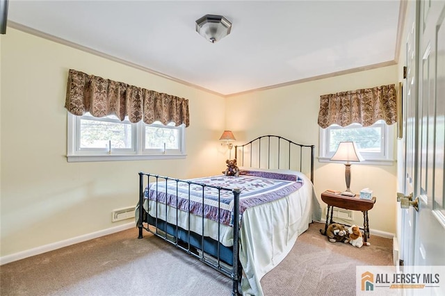 carpeted bedroom with multiple windows, ornamental molding, and baseboards