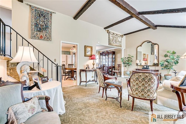 living room with stairway and carpet floors