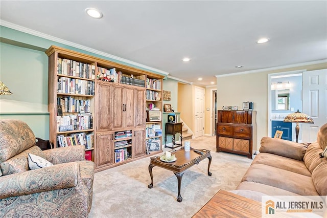 living room featuring ornamental molding, light colored carpet, recessed lighting, and stairway
