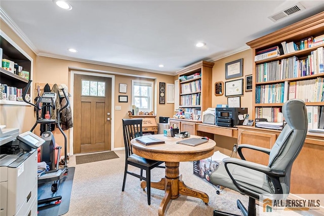 home office with crown molding, recessed lighting, carpet, and baseboards