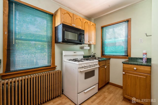 35 Kossman St, East Brunswick, NJ 08816 - kitchen featuring white range with gas stovetop, black microwave, radiator, light wood finished floors, and dark countertops