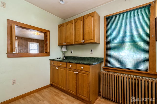 35 Kossman St, East Brunswick, NJ 08816 - kitchen featuring radiator, dark countertops, light wood-style floors, and brown cabinets