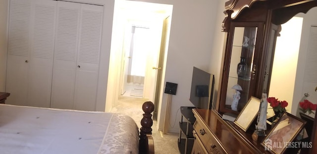 bedroom with light colored carpet