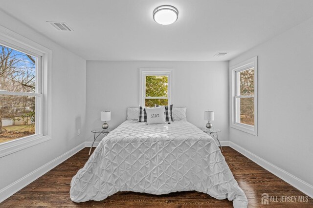 bedroom featuring dark wood-type flooring and multiple windows