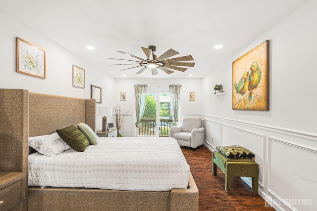215 Kingsberry Dr, Franklin Twsp, NJ 08873 - bedroom featuring dark wood-type flooring, access to outside, wainscoting, ceiling fan, and recessed lighting