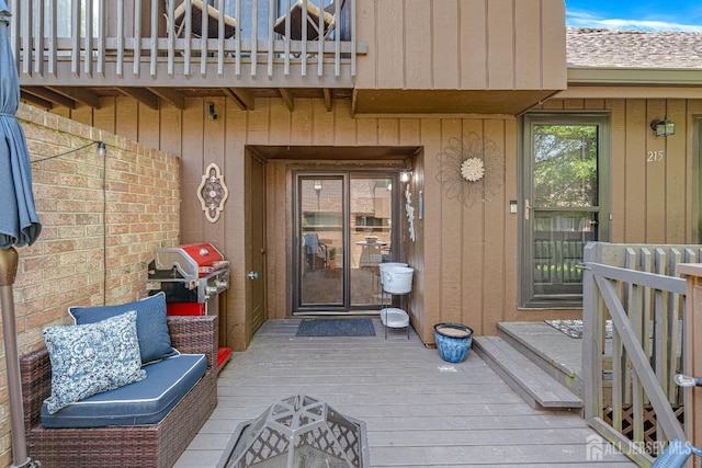 215 Kingsberry Dr, Franklin Twsp, NJ 08873 - doorway to property featuring a wooden deck, a balcony, and board and batten siding