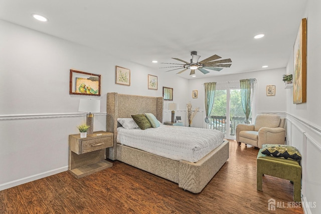 215 Kingsberry Dr, Franklin Twsp, NJ 08873 - bedroom featuring access to outside, dark wood finished floors, recessed lighting, ceiling fan, and a wainscoted wall