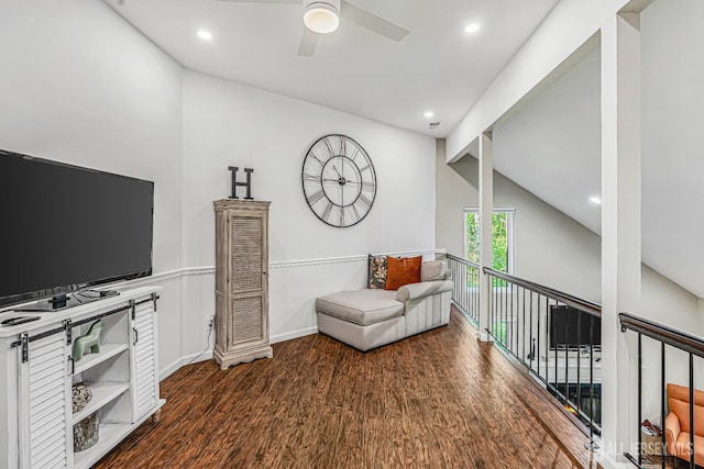 215 Kingsberry Dr, Franklin Twsp, NJ 08873 - living area featuring wood finished floors, a ceiling fan, lofted ceiling, recessed lighting, and an upstairs landing
