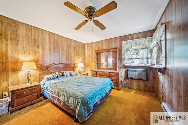 116 Whitman St, Carteret, NJ 07008 - bedroom featuring carpet floors, wooden walls, a wall unit AC, ceiling fan, and baseboard heating