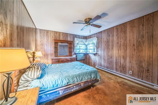 116 Whitman St, Carteret, NJ 07008 - carpeted bedroom with a baseboard radiator, wood walls, and ceiling fan
