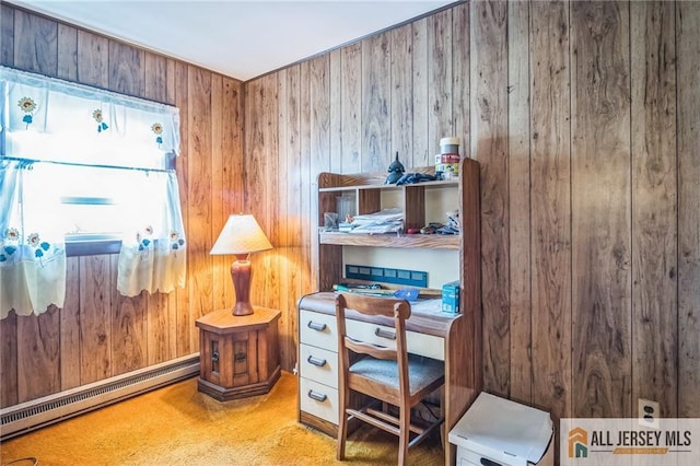 116 Whitman St, Carteret, NJ 07008 - office area featuring baseboard heating, wood walls, and carpet floors